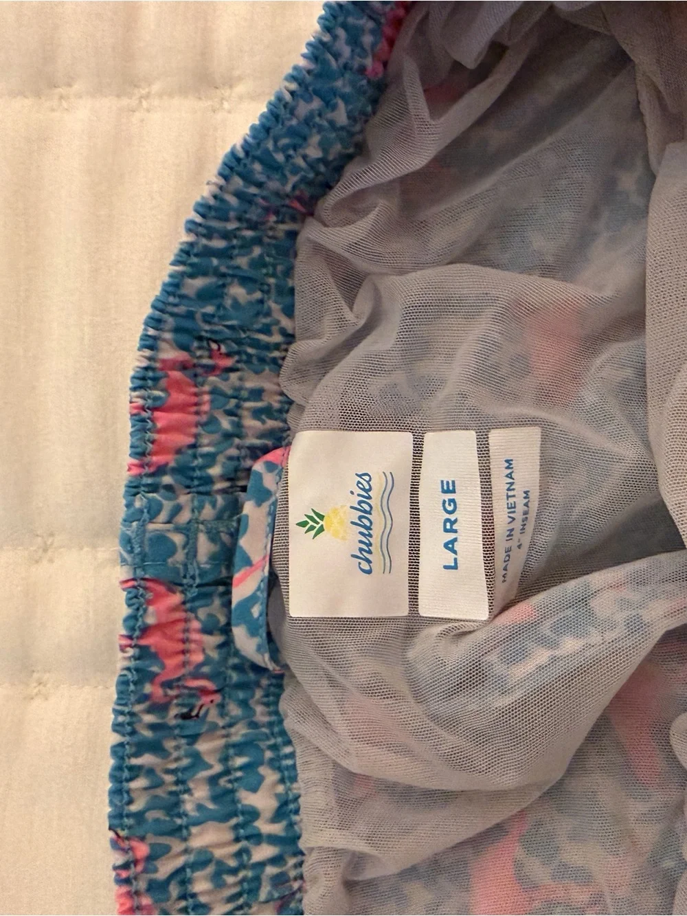 chubbies Blue Swim Trunks with Pink Flamingo Print